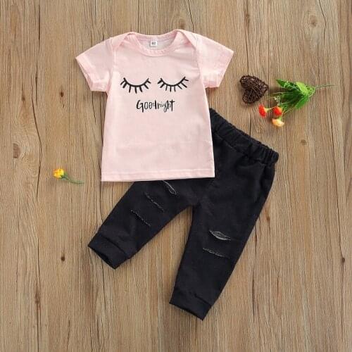 2PCS Set Infant Kids Baby Girl Short Sleeve Cotton T-shirt Tops Hole Denim Pant Jeans Outfits Summer Clothes