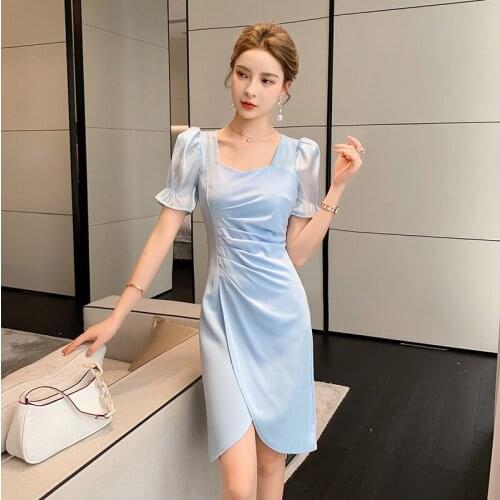 Fashion Summer Vintage Square Collar Midi Dress Ladies Elegant Casual Puff Sleeve Folds Streetwear Outfits Asymmetrical Dress