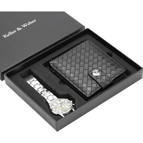 Watch Wallet Set For Men Quartz Watches Stainless Steel Case Wristwatch Leather Wallet Gift For Husband