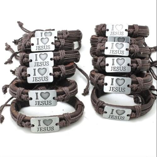 Wholesale Price 12pcs/set I Love Jesus Bracelet Genuine Leather Cool Biker Jesus Cross Leather Bracelet