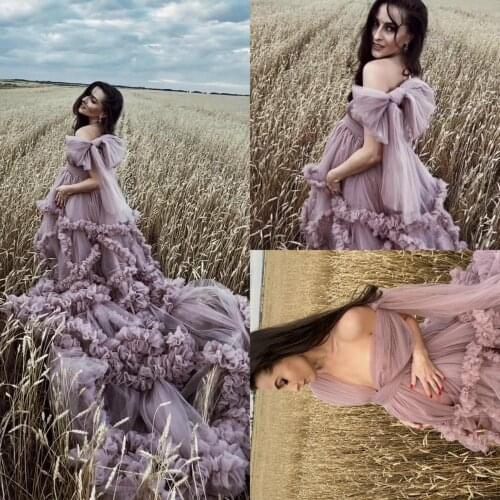 Lavender 2021 Prom Dresses Tulle Pregnant Dresses Photography Photo shoot Wear Plus Size vestido Sheer Party Dress