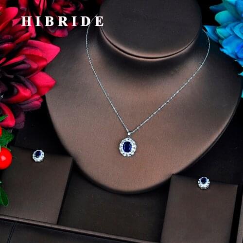 HIBRIDE Luxury Blue Oval Shape AAA Cubic Zircon Pendant Jewelry Sets Necklace Sets Earings Set Girl Gift Full Jewelry Set N-548