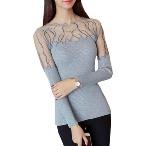 Sexy lace stitching shirt 2017 new winter dress color thin sweater long sleeved Pullover