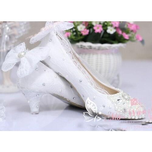 White Middle Heel Bowtie Imitation Pearl Wedding Dress Shoes Bridal Dress Shoes Comfortable Party Prom Shoes Free Shipping