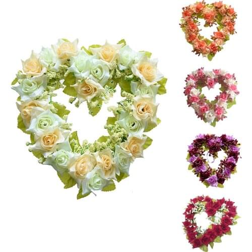 Heart Shaped Artificial Flower Wreath Door Decoration Hanging Wreaths with Silk Ribbon for Wedding Decoration 22x21x3.5cm