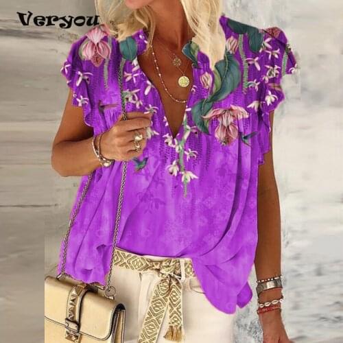 Women Ruffles Casual V-Neck Tops Summer Floral Print Ruffles Casual T-Shirts Colorful Loose Oversized 5XL Tshirt Streetwear