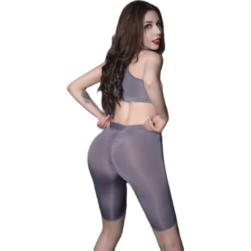 Women Yogini Loungewear 2 Piece Set High Elastic Home Hip Pleated Pants Short Corset Vest Allure Transparency Bermuda Shorts