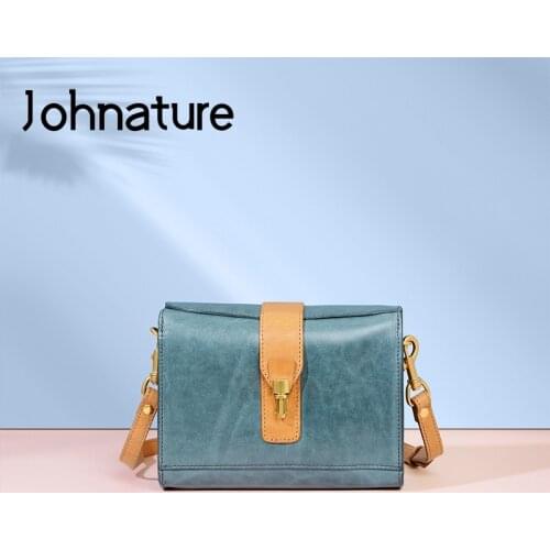Johnature Simple First Layer Cowhide Versatile Women Small Bag 2021 New Genuine Leather Retro Female Shoulder & Crossbody Bags