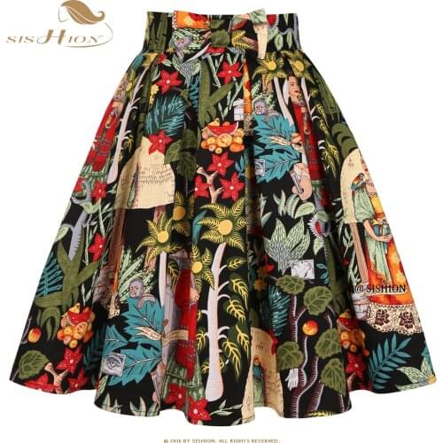 SISHION Summer Y2K XS-XXL Plus Size Women Skirt SS0012 Floral Printed Pockets Bow 50s 60s Cotton Vintage Retro Pleated Skirt