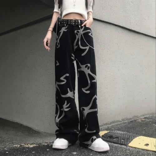 Womens Jeans Summer Harajuku High Waist Retro Loose Straight Wide Leg Pants Hip Hop Printed Pants 2021 New Y2K Streetwear