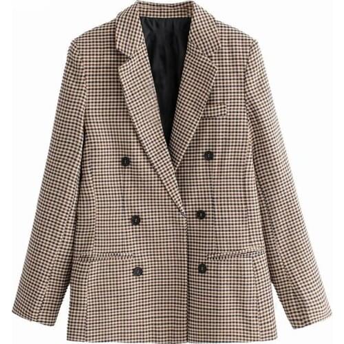 Women Fashion Plaid Blazers 2021 Autumn Double Breasted Slim Suit Casual Office Lady Jacket Coat
