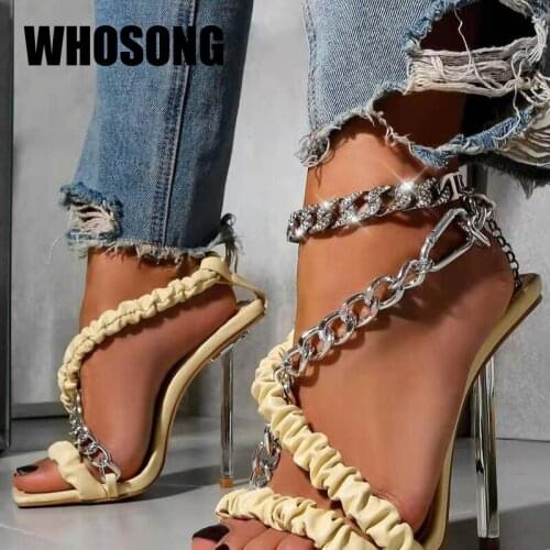 Women Sandals Woman Shoes Chain Thin Heels Ladies Gladiator Sandals Female Brand Beach Sandals Rhinestone Shoes Zapatos De Mujer