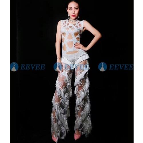 Women Wide leg tassel Sexy Jumpsuit Rhinestones Nightclub Party Bodysuit Stage Wear Dancer Singer Performance Clothing