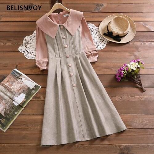 Spring 2021 Women Fashion Women Female Button Long Sleeve Peter Pan Collar Office Lady Shirt Dress Women Casual Slim New Dress