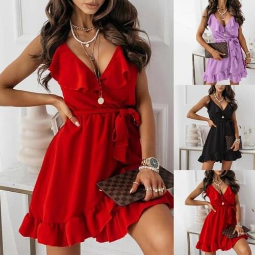 WomenS Dress Summer Hot Style All-Match Casual V-Neck Sleeveless Sling Irregular Lotus Leaf Solid Color Dress платье летнее 50