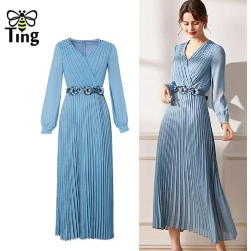 Tingfly Vintage Elegant V Neck Pleated Midi Long Dresses Office Lady Stylish Work Pleating Long Sping Autumn Chiffon Robes Tide