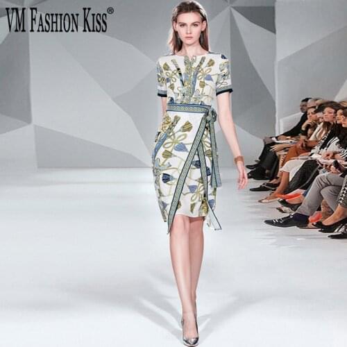 VM FASHION KISS Womens High-end European And American Style Print Summer Party Bodycon Dress Irregular Lace Dress Waist Vestido