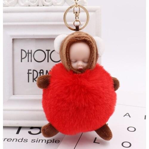 1Pcs Cute Fluffy Sleeping Baby Keychain Pompom Rabbit Fur Ball Key Chain Car Keyring Women Key Holder Bag Pendant Charm Jewelery
