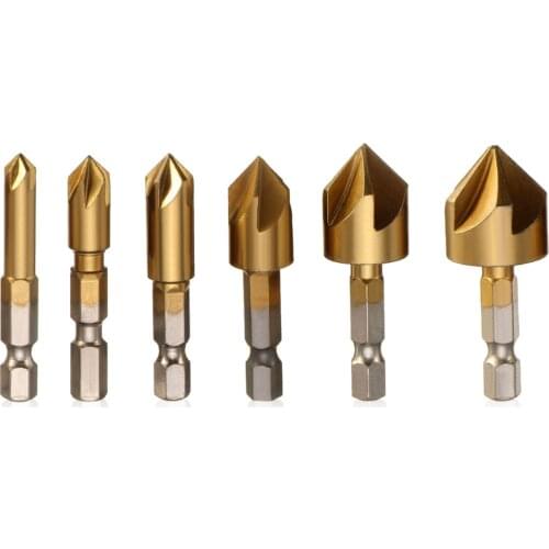 6Pc Hexagonal Shank Titanium Coated 5 Flutes HSS Countersink Chamfer Drill Bit 1/4" Coated Woodworking Core Dril Bit Hole Saw