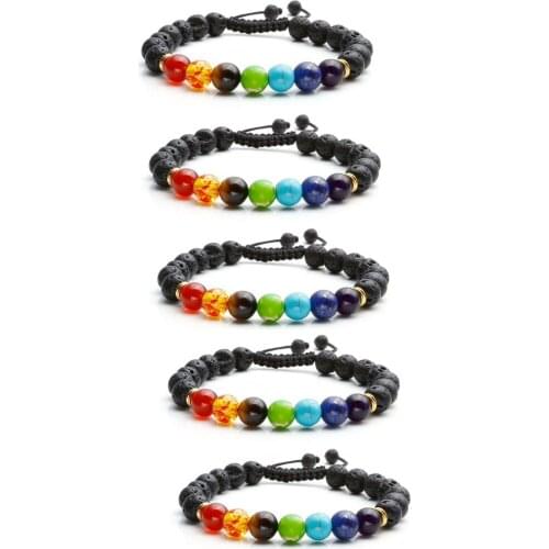 Ayliss 7 Chakras Gem Stone Bracelet Natural Stone Yoga Reiki Prayer Bracelet Adjustable Bracelets 8mm Lava Stone Bracelets