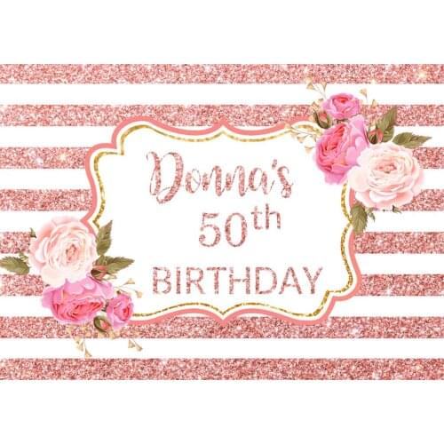 BEIPOTO Women ladys 50th 40th adult birthday party backdrop Pink gold Glitter stripes flower decoration photo background B-432