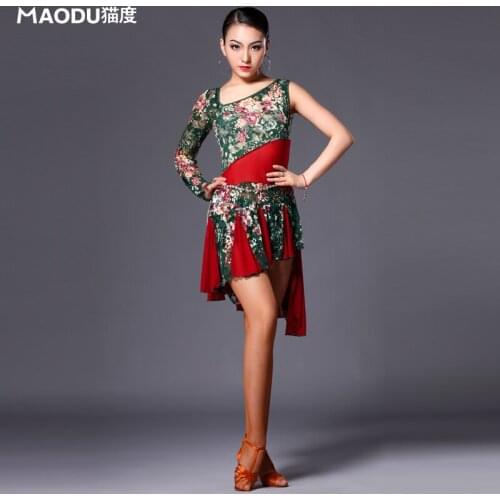 Brand MAODU Fashion Adult Women Latin Dance Dress Floral Exercise Clothing Single Sleeve Stamp Contest Costume Rumba