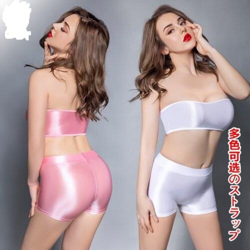 Women 2 Piece Set High Elastic Glossy Tight Boxer Shorts Chest Wrap Corset Club Allure Bermuda Shorts Strapless Top Loungewear