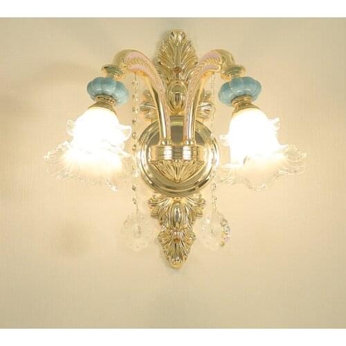 European Crystal Wall Lamp Down Lampshade Double Single Head Wall Light for Bedroom Bedside Lamp Living Room Background Wall