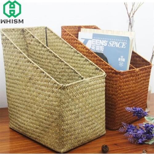 WHISM Rattan Storage Basket Handmade Makeup Organizer Remote Control Holder Cellphone Stand Flower Basket Seagrass Storage Boxes