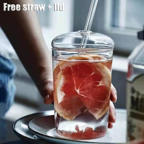 Nordic Creative Transparent Glass Coffee Mug Heat Resistant Tea Milk Water Cup with Cover and Straw Office Teacup Dinkware hot