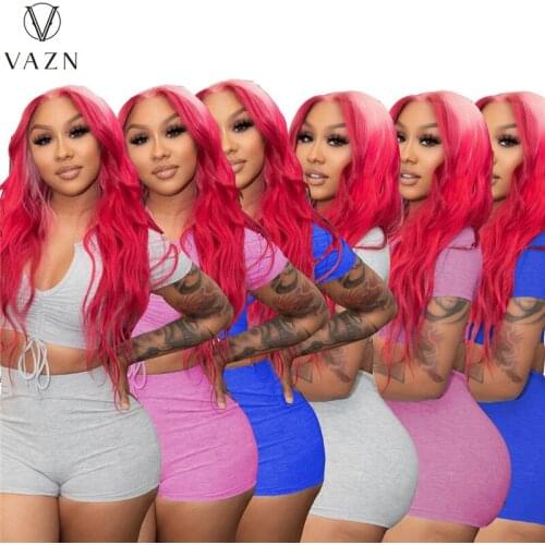 VAZN Summer 2021 European and American Womens Plain Color Stretch Short Sleeve Top+Shorts Two Pieces Set Casual 2 Pieces Suit