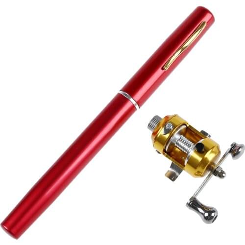 MINI POCKET PEN FISHING ROD POLE WITH GOLDEN BAITCASTING REEL SET-red