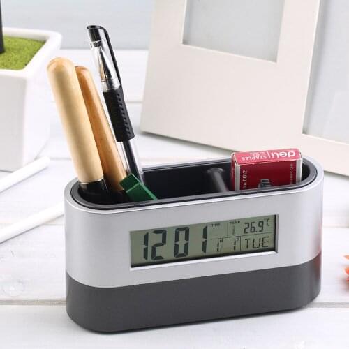 Multifunctional Digital Snooze Alarm Clock with Pen Holder Calendar Temperature Display Grey Color Drop Shipping