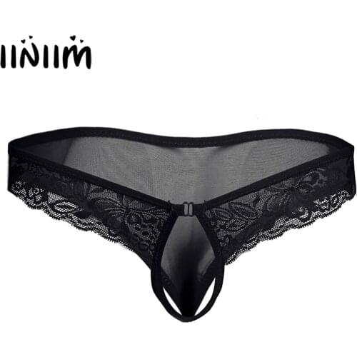 Mens Sexy Lace Printed Semi See-through Mesh Bikini Thong Underwear Erotic Low Rise Sissy Underpants with Elastic Penis Hole