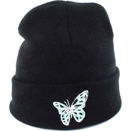 Autumn Casual Black Beanies Hats For Women Men Butterfly Embroidery Winter Cap Warm Knitted Hip Hop Beanie Hat