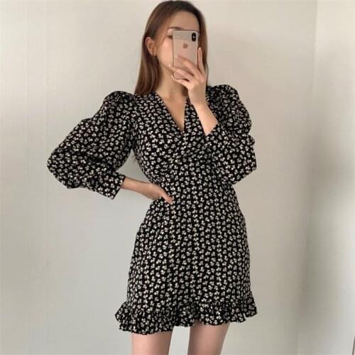 Spring Long Lantern Sleeve Print Wrap Dress Women Elegant Ruffles V Neck Red Party Dresses Autumn Female A Line Office Vestidos