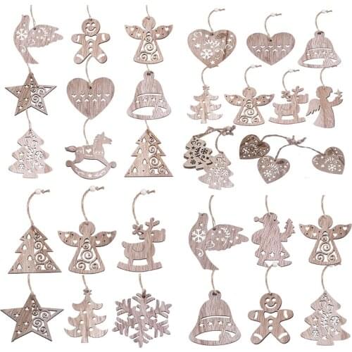 Christmas Decoration Xmas Tree Snowflake Heart Elk Wood Pendant Craft DIY Home New Year Christmas Tree Hanging Decor Kids Gifts