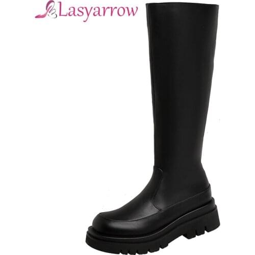 Lasyarrow Black White Women Knee High Boots Platform Square High Heel Women Motorcycle Boots Autumn Winter Womans Boots Size 43