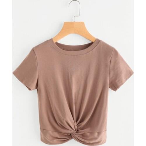 Sport Short Sleeves Crop Top Shirt Yoga Waist Knotted Solid Rund Neck Sportswear Breathable Workout Tops For Women