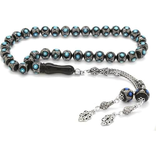 Tesbihane 925 Sterling Silver Tassels Silver-Turquoise Embroidered Sphere Cut Erzurum Oltu stone Rosary