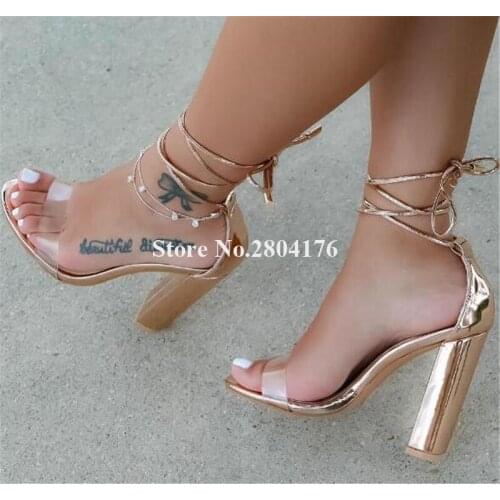 Women Fashion Charming One PVC Chunky Heel Sandals Lace-up Gold Transparent Thick Heel Sandals Dress Heels Shoes