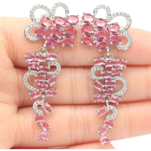 55x21mm Gorgeous Long Big Pink Tourmaline White CZ Womans Wedding Silver Earrings