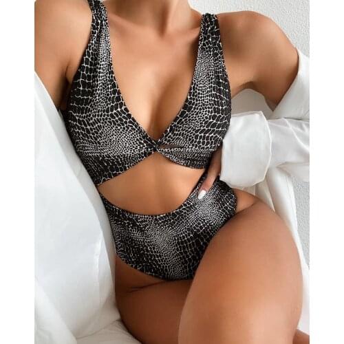 Snakeskin Print Low Cut Swimwear Women Push Up One Piece Sexy Swimsuit Female Monokini Hollow Out Buquini Bodysuit Swimming Suit