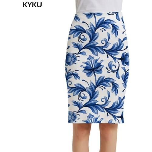 KYKU Brand Flower Skirts Women Leaf Sundresses White Sexy Blue And White Porcelain 3d Print Skirt Casual Ladies Skirts Womens