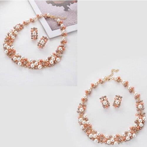Simulated Pearl Jewelry Set Necklace Earrings Full Rhinestone Pendant Stud Trendy Bridal Sets Women Wedding Jewelry Set Gift