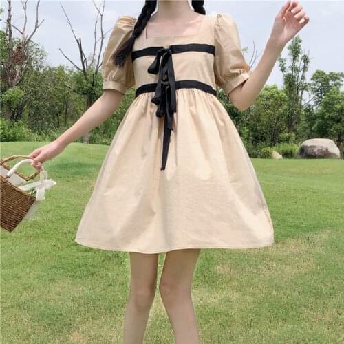 Womens 2020 Summer Japanese-Style Square Collar Puff Sleeve Bow Tie fairy dress tea party lolita dress sweet lolita doll