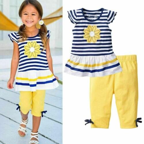 2Pcs Children Baby Girls Kids Clothes Sets Flower T-Shirt Tops + Shorts Pants Striped Outfits Summer Clothes