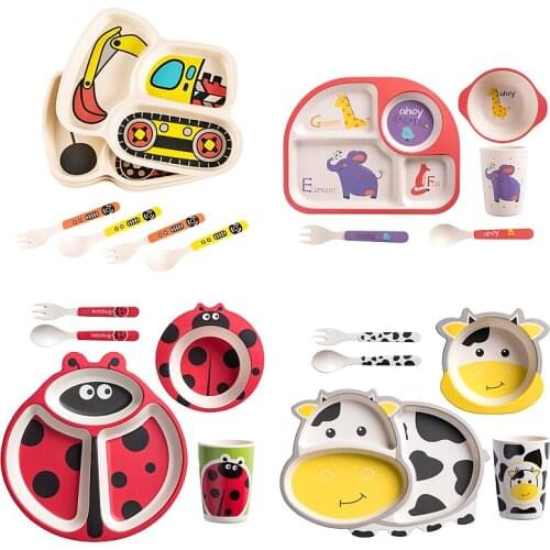 3/5Pcs Set Baby Feeding Bowl Plate Dishes Fork Spoon Cup Children Tableware Bamboo Fiber Kids Cartoon Separation Feeding Plate