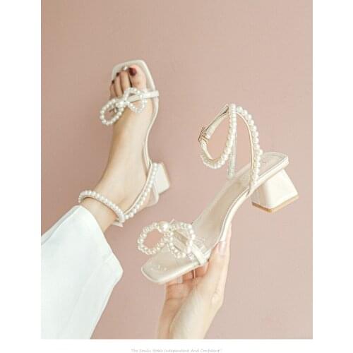 [Welfare 99 Yuan] Chunky Heel Sandals Womens 2020 New Summer Pearl Fairy Wind Net Red Heel High Heels