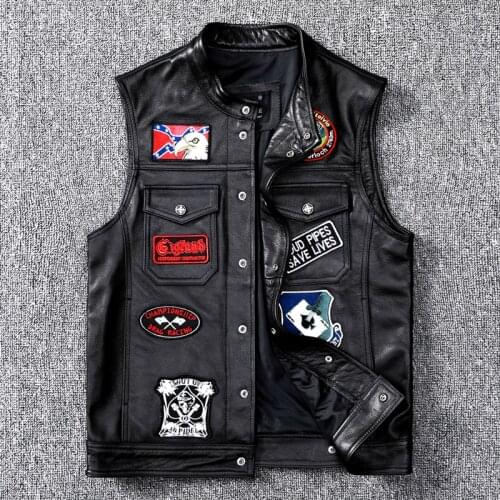 Fast Shipping USA Style Leather Vests Genuine Cowhide Leather Spliced Plus Size Coat Vintage India Motorcycle Sleeveless Jacket
